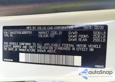 2020 Volvo S60 T6 Momentum from USA, damaged, VIN 7JRA22TKXLG060761